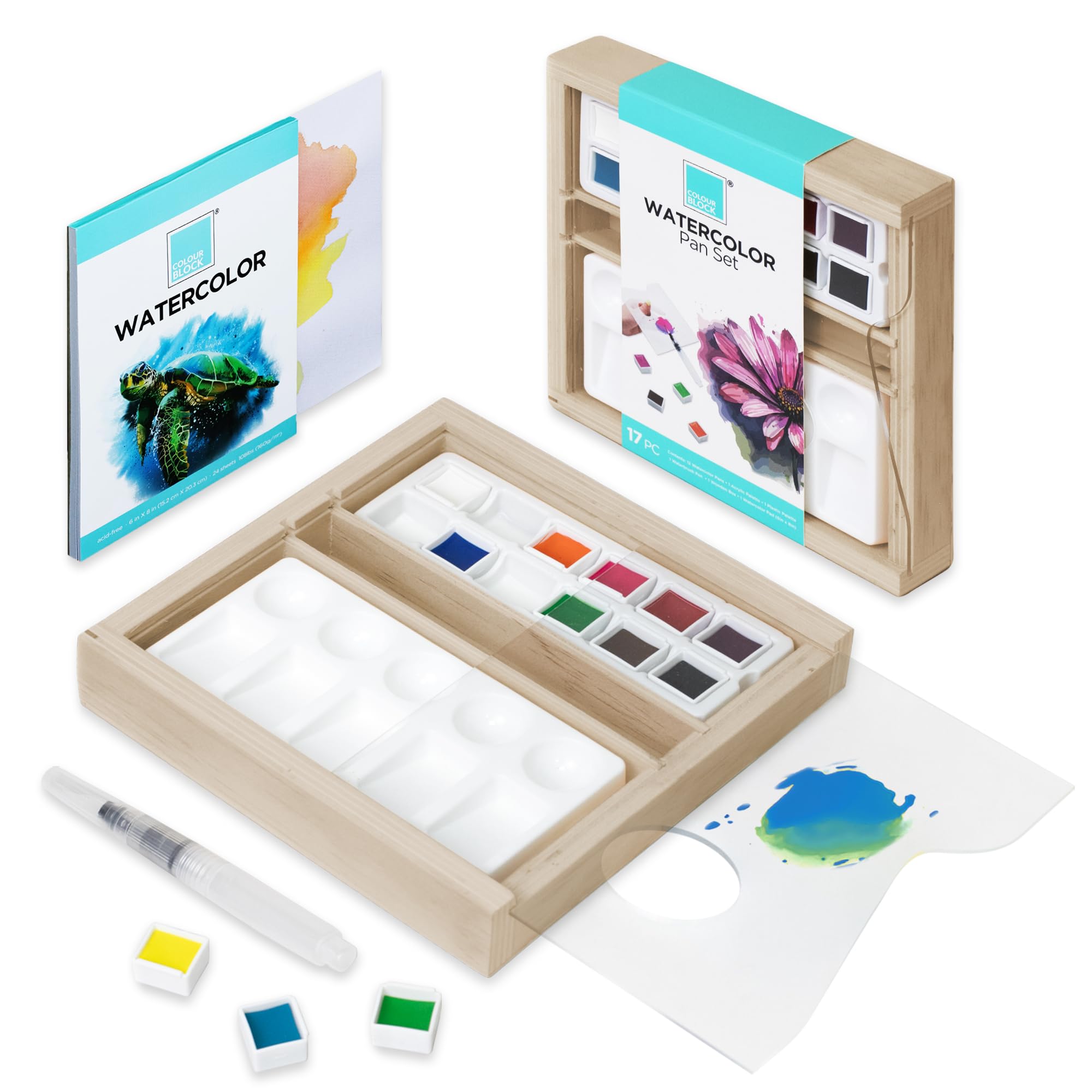 COLOUR BLOCK 32 Ultimate Watercolor Paint Set for Adults and Artists, Contains 24 Vibrant Colors, 2 Brushes, 6 Sheets Watercolor Paper, Perfect for School Supplies