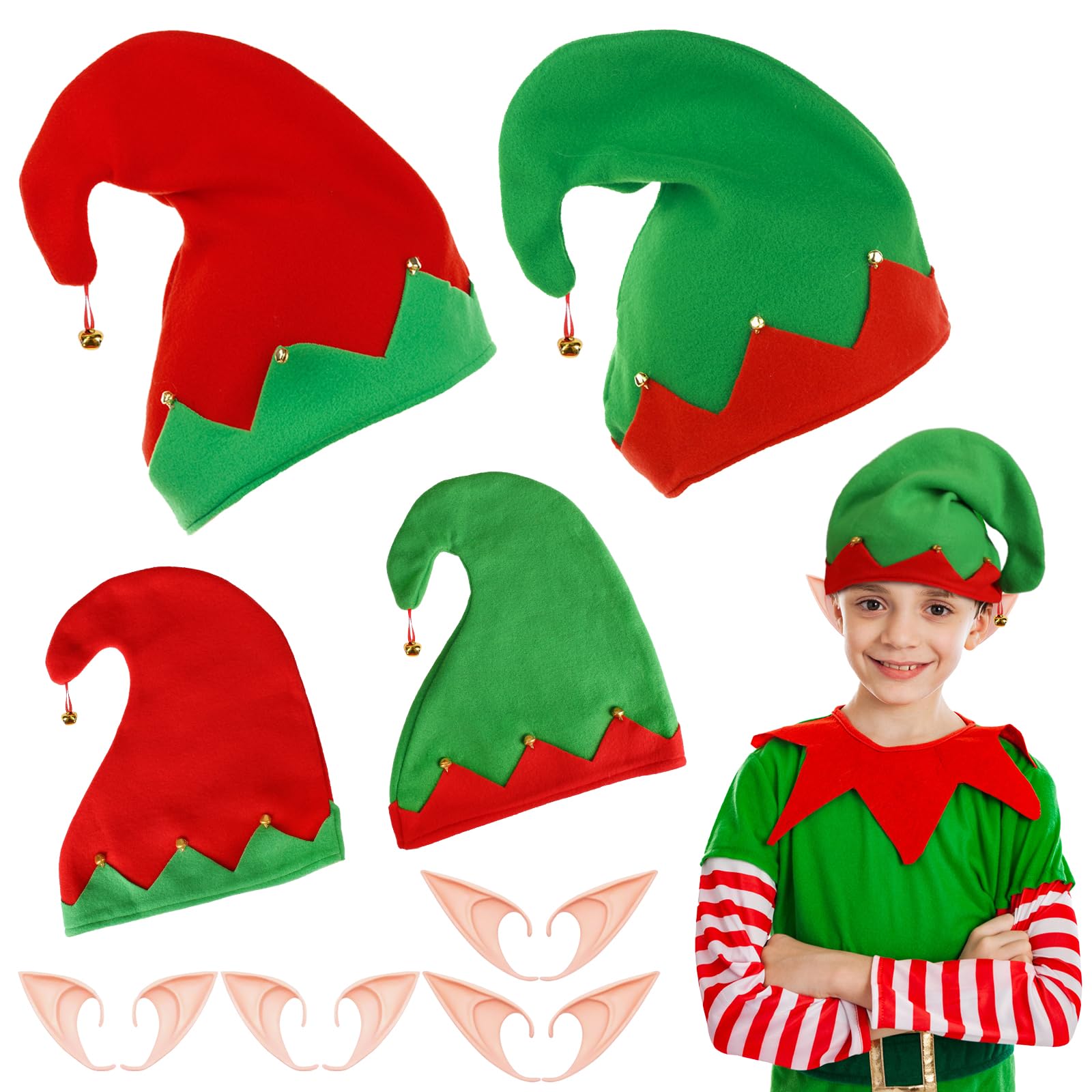 Landifor 4 Set Christmas Elf Costume Accessories Santa Red & Green Xmas Elf Hat Elf Jingle Bell Headwear with Elf Ears for Kids Teens Adults Christmas Winter Holiday Fancy Dress, WXM2306030 โ image 1