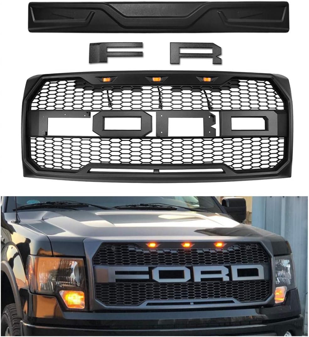 Front Grille Fits For 2009-2014 Ford F-150 F150 Grille Matte Black Raptor Style Grille Conversion Grill with Letters F,R and Evil eyes Style Detachable Cover