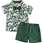 Tsnbre Toddler Baby Boy Clothes Shorts Set Dinosaur Print Shirt Short Sleeve Button Down Top Solid Shorts Summer Outfit