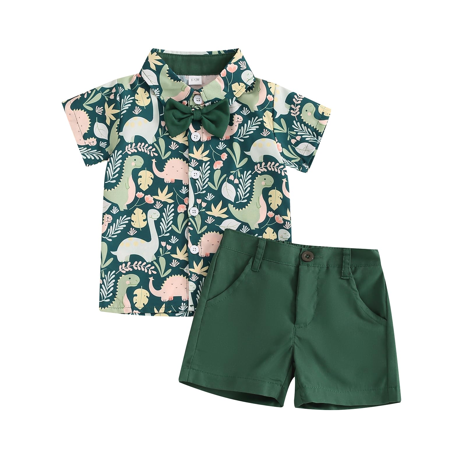 Photo 1 of Toddler Baby Boy Clothes Shorts Set Dinosaur Print Shirt Short Sleeve Button Down Top Solid Shorts Summer Outfit (Dinosaur Forest print Dark Green, 3-4T)