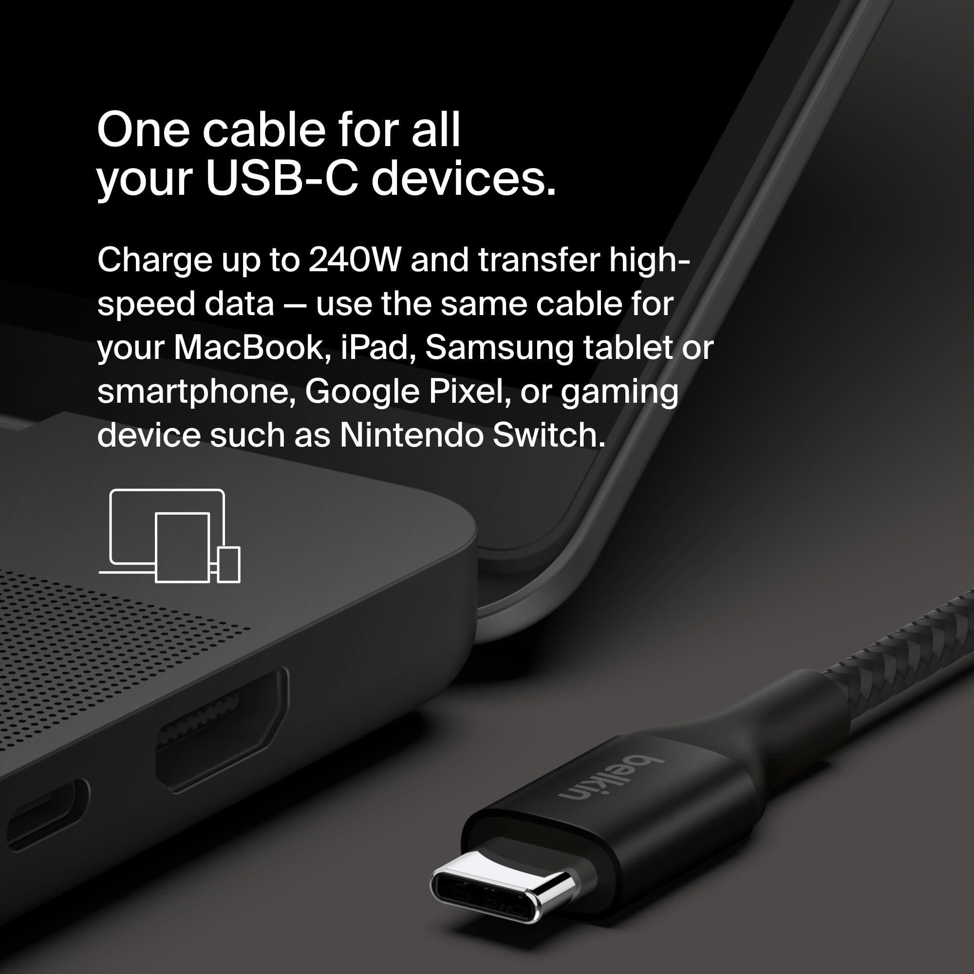 Belkin USB C to USB C Cable, 6.6ft, 240W - Type C Charger, iPhone Charger Cord, Fast Charging for iPhone 16, Galaxy S25, Pixel 9, MacBook, Chromebook, iPad Pro, Switch Steam Deck - Black
