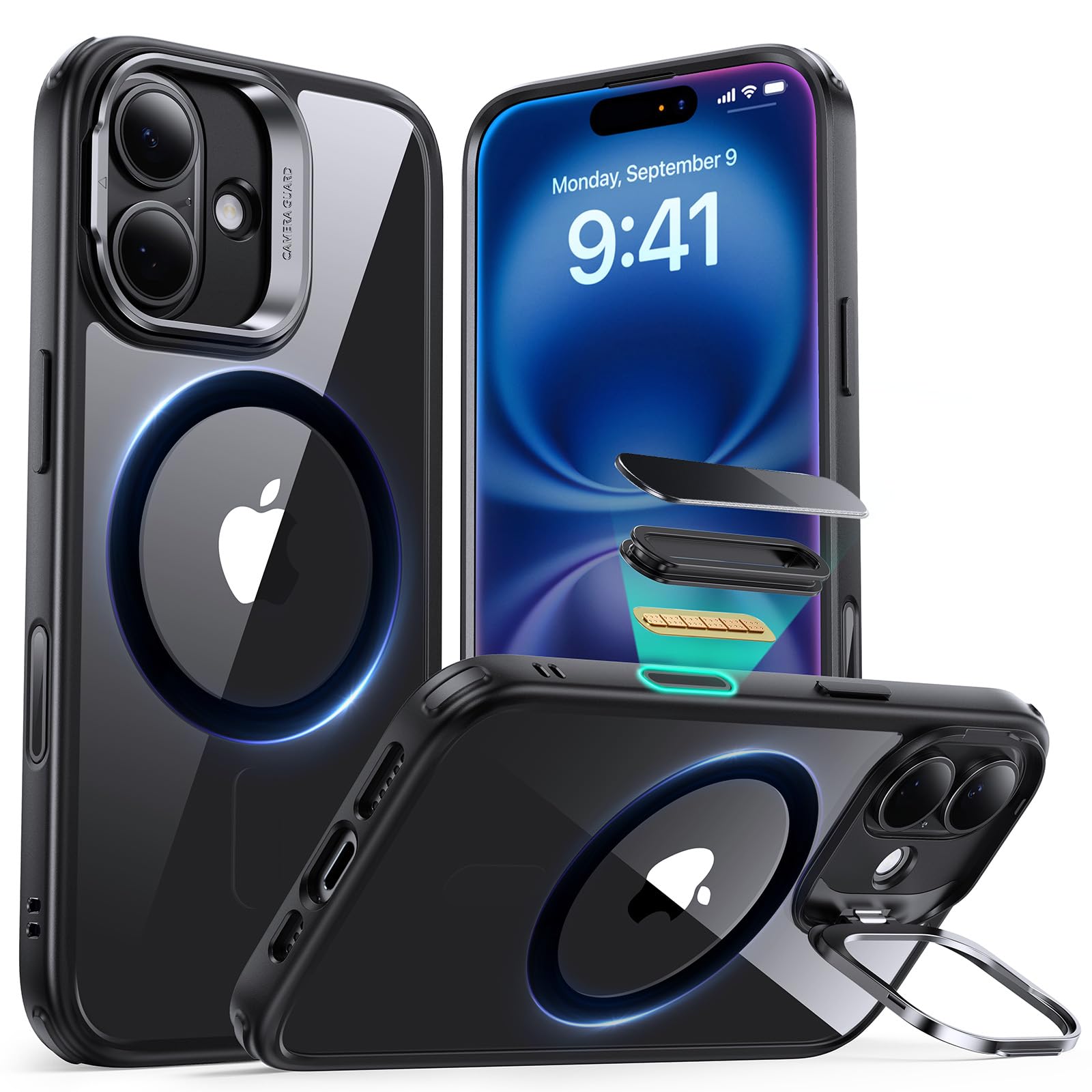 Photo 1 of ESR for iPhone 16 Case, Compatible with, Military-Grade Protective Case, Built-in Stash Stand Phone Case, Scratch-Resistant Back Cover, Classic Series, Clear Black