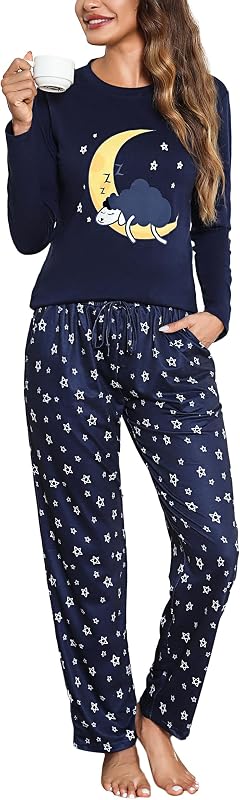 Ensemble de Pyjama Femme Hiver Cotton Vêtements de Nuit à Chaud Manches Longues 2 Pièces Imprimé Tenue de Nuit Bleu Foncé,S — photo 1 sur 6