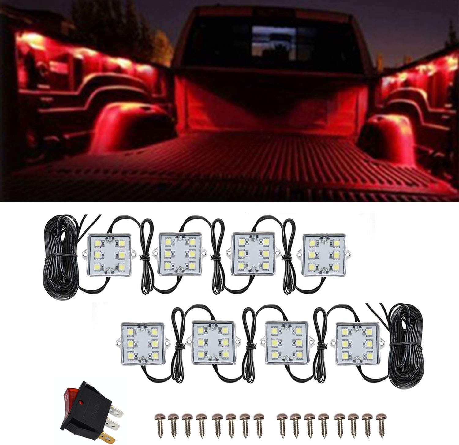 NBWDY 8 PCs 12V Led Truck Bed Light Kit,48 LEDs Cargo Truck Pickup Bed, Off Road Under Car, Foot Wells, Rail Lights Lighting Kit includes Power Switch (White): Automotive
