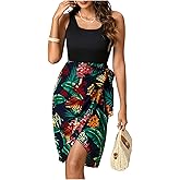 GORGLITTER Women's Tropical Print Knot Side Wrap Hem Dress Sleeveless Tie Scoop Neck Tank Dress