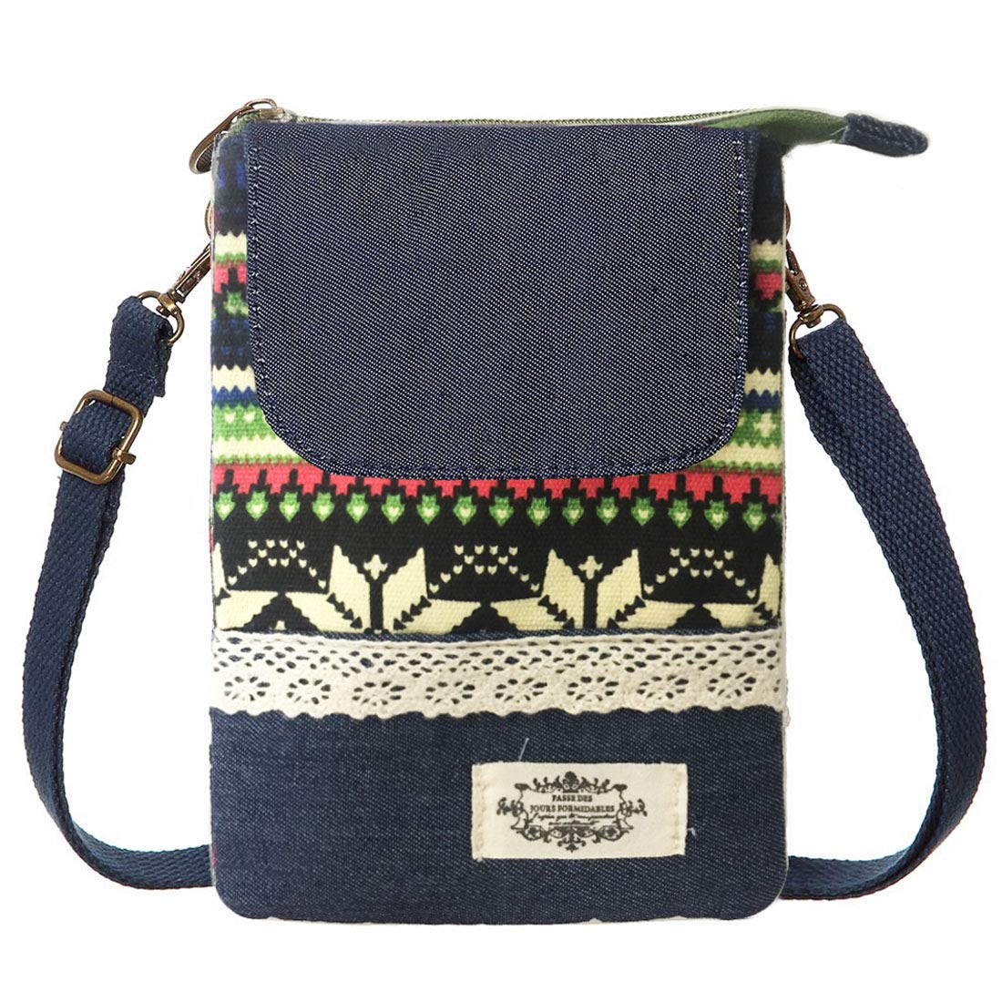 LassZone Small Canvas Crossbody Bag Cell Phone Purse National Pattern Handbags Ladies Change Wallet for Women Girls