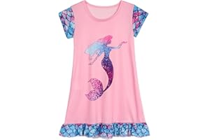 HenzWorld Girls Nightgown Short Sleeve Nightdress Unicorn Mermaid Cat Printed Casual Pajamas Kids Girls Sleepwear 3-10 Years