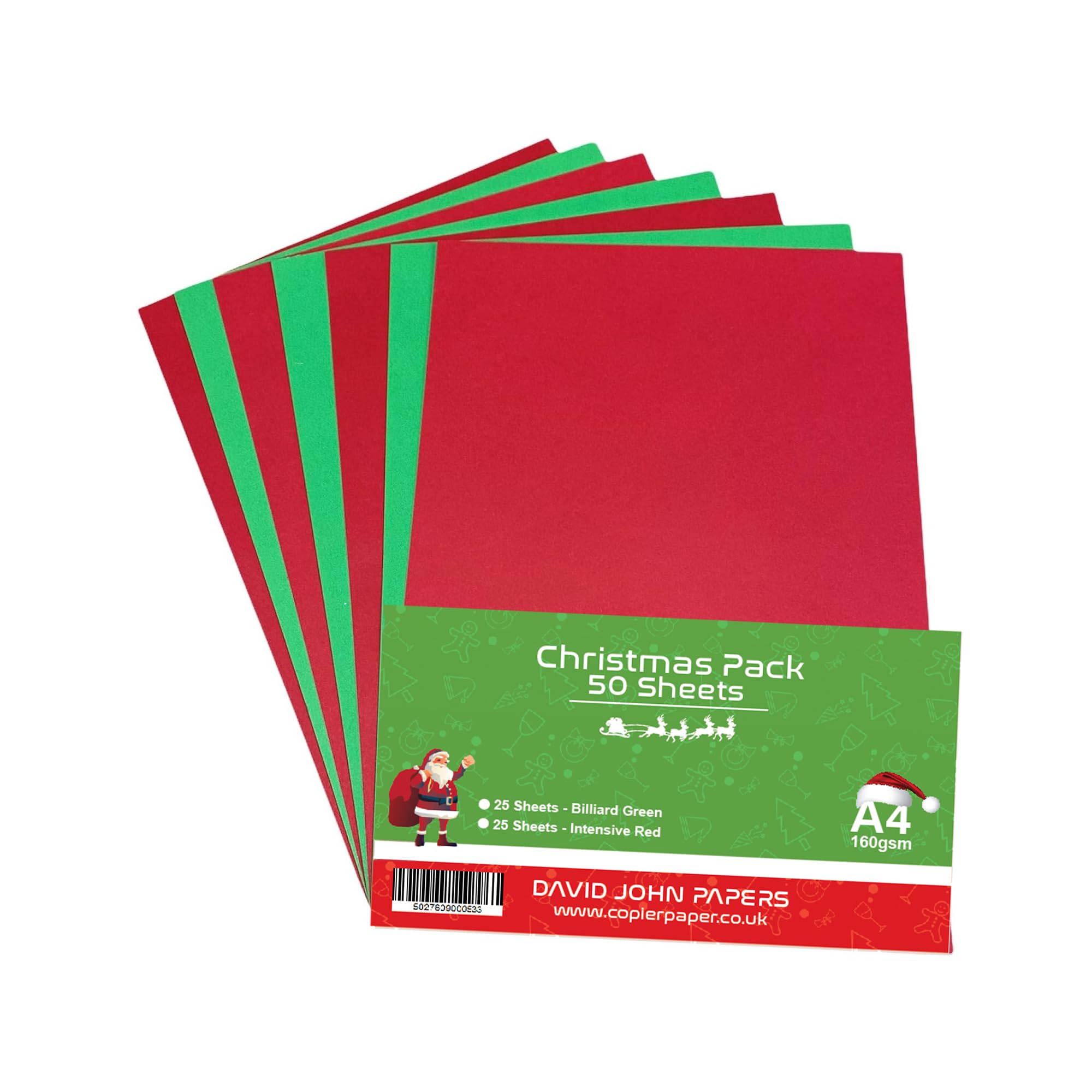 DJP 160 GSM A4 Christmas Festive Coloured Card - Red/Green (Pack of 50 Sheets) - 25 Intensive Red & 25 Billiard Green