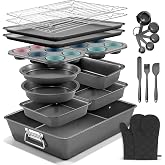 Greenloom 34 PCS Stackable Bakeware Set with Wider Grips, Nonstick, Toxin-Free, Complete Set with Baking Pan, Cooling Racks, Cake Pans &amp; More, Space-Saving 70% Storage, Great Gift