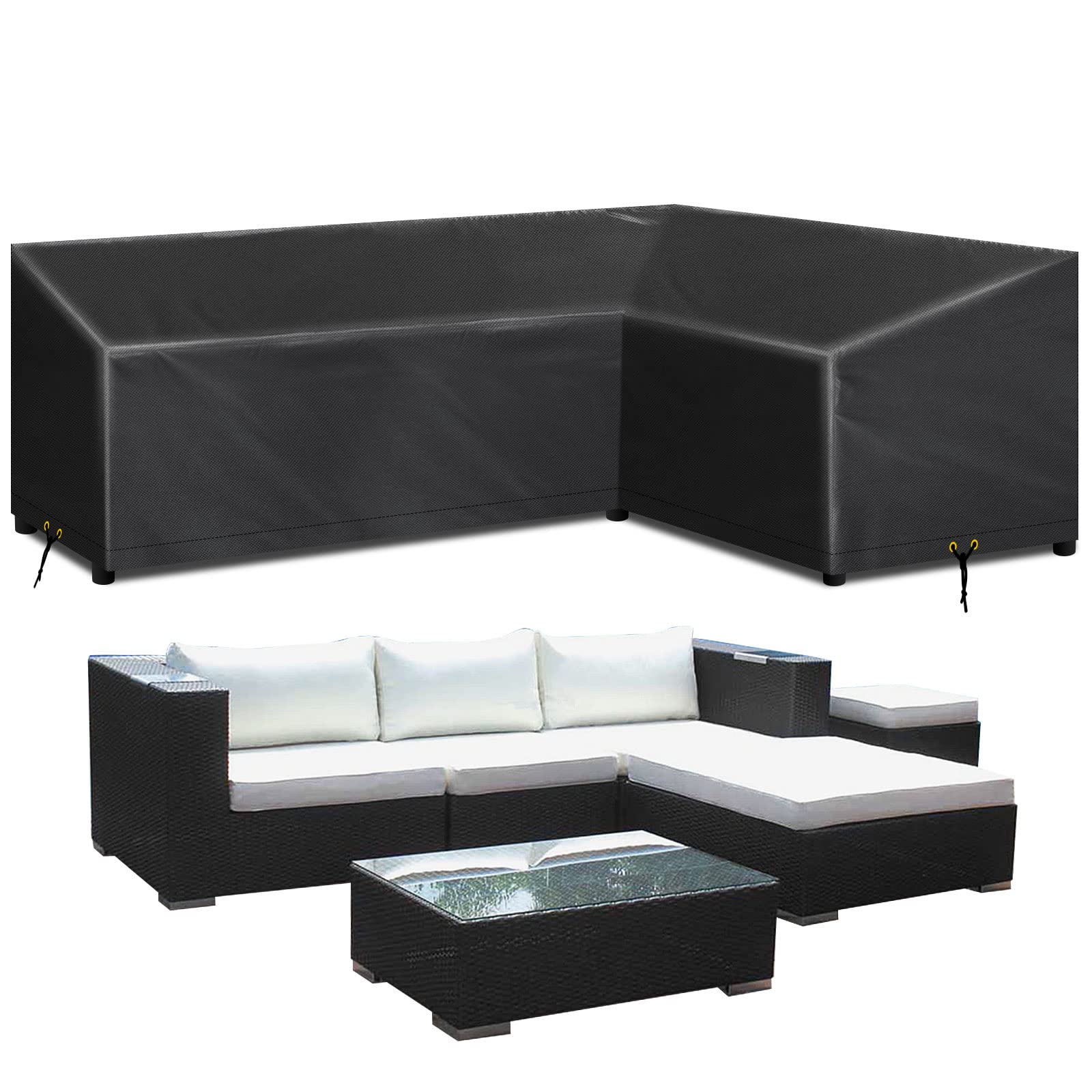 RICHIE L-Shape Garden Furniture Covers Waterproof, Outdoor Patio Rattan Corner Sofa Cover, L Shape Garden Sofa Covers Heavy Duty Windproof Rip Proof 420D Oxford Fabric (260x210x82cm) - Left Side Long