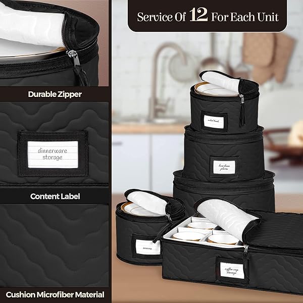 CHINA STORAGE CONTAINERS 5-PIECE SET MOVING BOXES FOR DINNERWARE, GLASSES, PLATES, MUGS AND SAUCERS STURDY QUILTED MICROFIBER DISH ORGANIZER WITH DIVIDERS FOR SEASONAL STORAGE – HOLDS SET OF 12, BLACK
