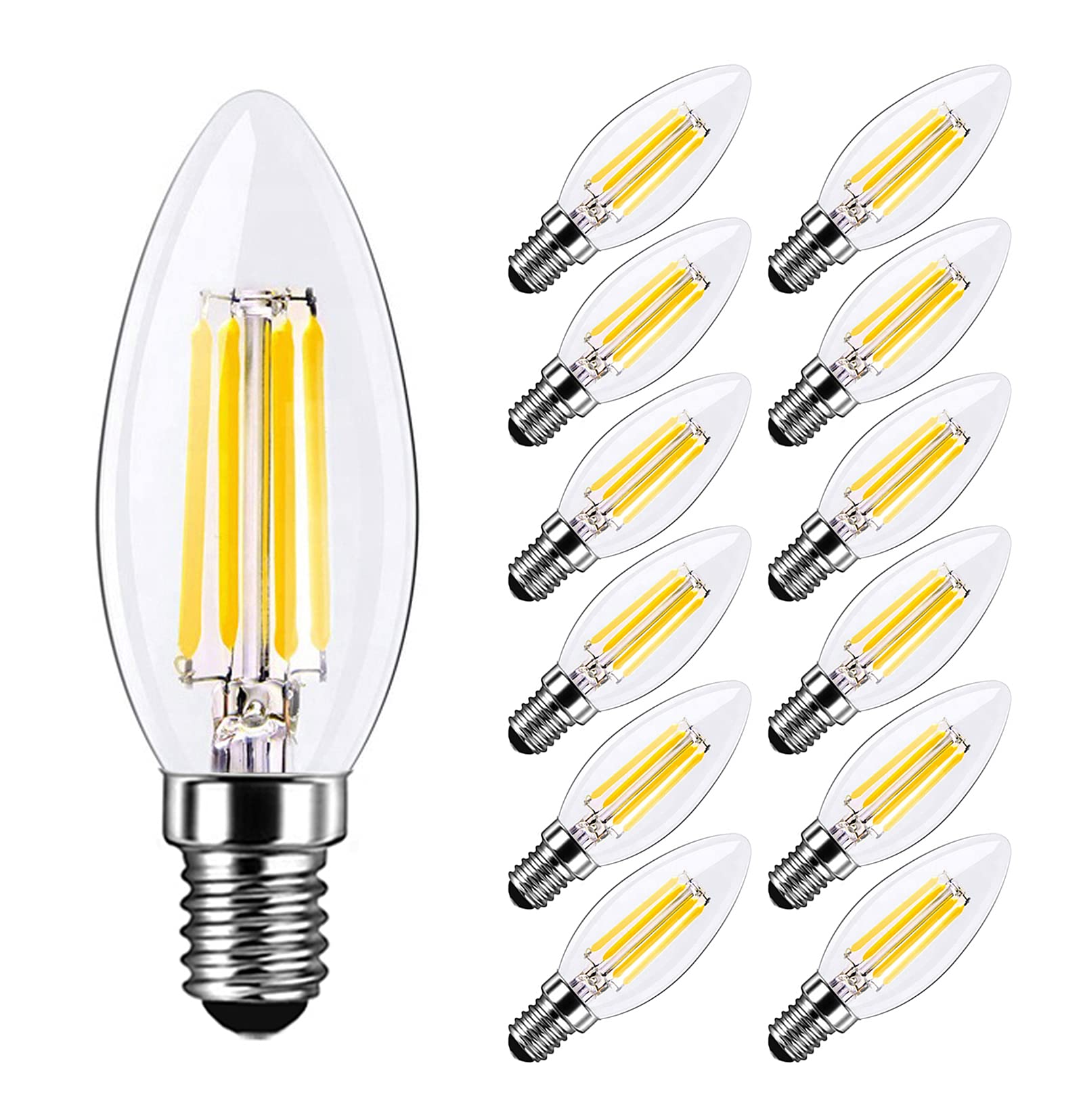 MAYCOLOR E14 Small Edison Screw Candle Bulb 4W Equivalent to 40W, Cool White 6500K, 400Lumen, Chandelier Light Bulbs, Filament Light Bulb E14, Clear Glass, Non-Dimmable, 12-Pack