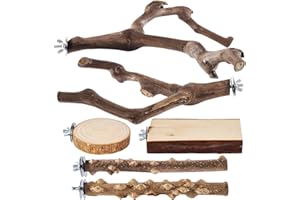 LIMIO 6-Piece Bird Perch Set - Natural Wood Grape Sticks, Paw Grinding Forks, Bird Stand & Toys for Parakeets, Cockatiels, Conure, Budgies