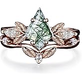 Yusaglow High-grade Natural Moss Agate Engagement Ring Set for Women 925 Sterling Silver 10K 14K 18K Gold Leaf Genuine Green Moss Agate Art Deco Bridal Promise Ring for Wedding Size4-12