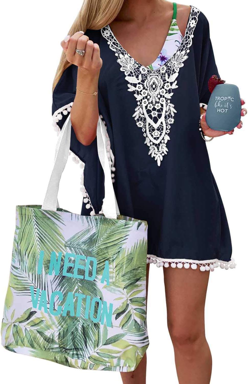 Women's Chiffon Pom Pom Kaftan Beach Swimsuit Cover Up for Swimwear Bathing Suit