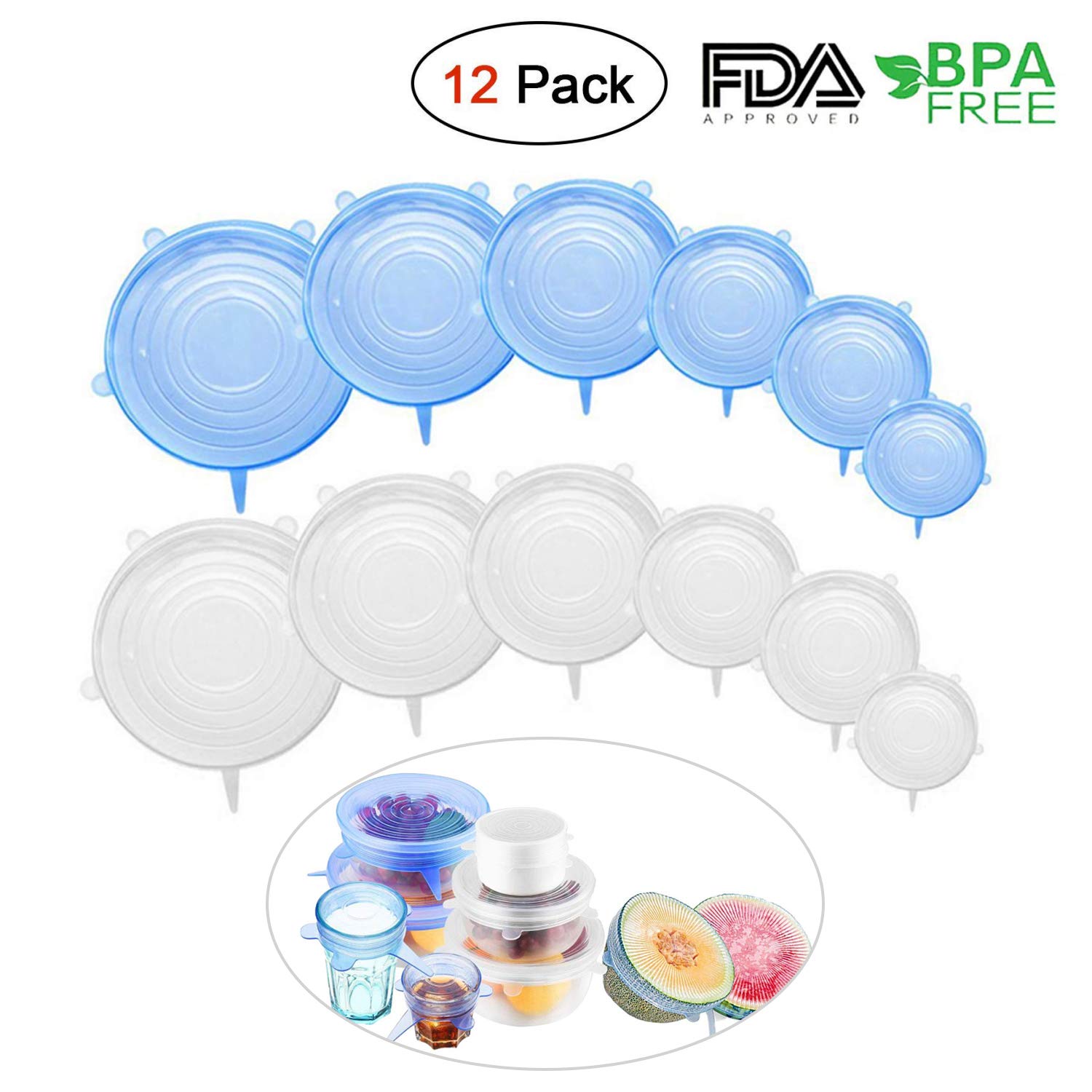 Tapa elástica de silicona, 12 PCS Reutilizable Fundas Protectoras para Alimentos Tapa Tazas, Paquetes de Varios TamañOs, Lavavajillas, Microondas, Horno y congelador, Sin BPA