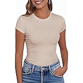 PALINDA Women's Short Sleeve Crew Neck Fitted Shirts Basic Casual Stretchy T Shirt Workout Tops