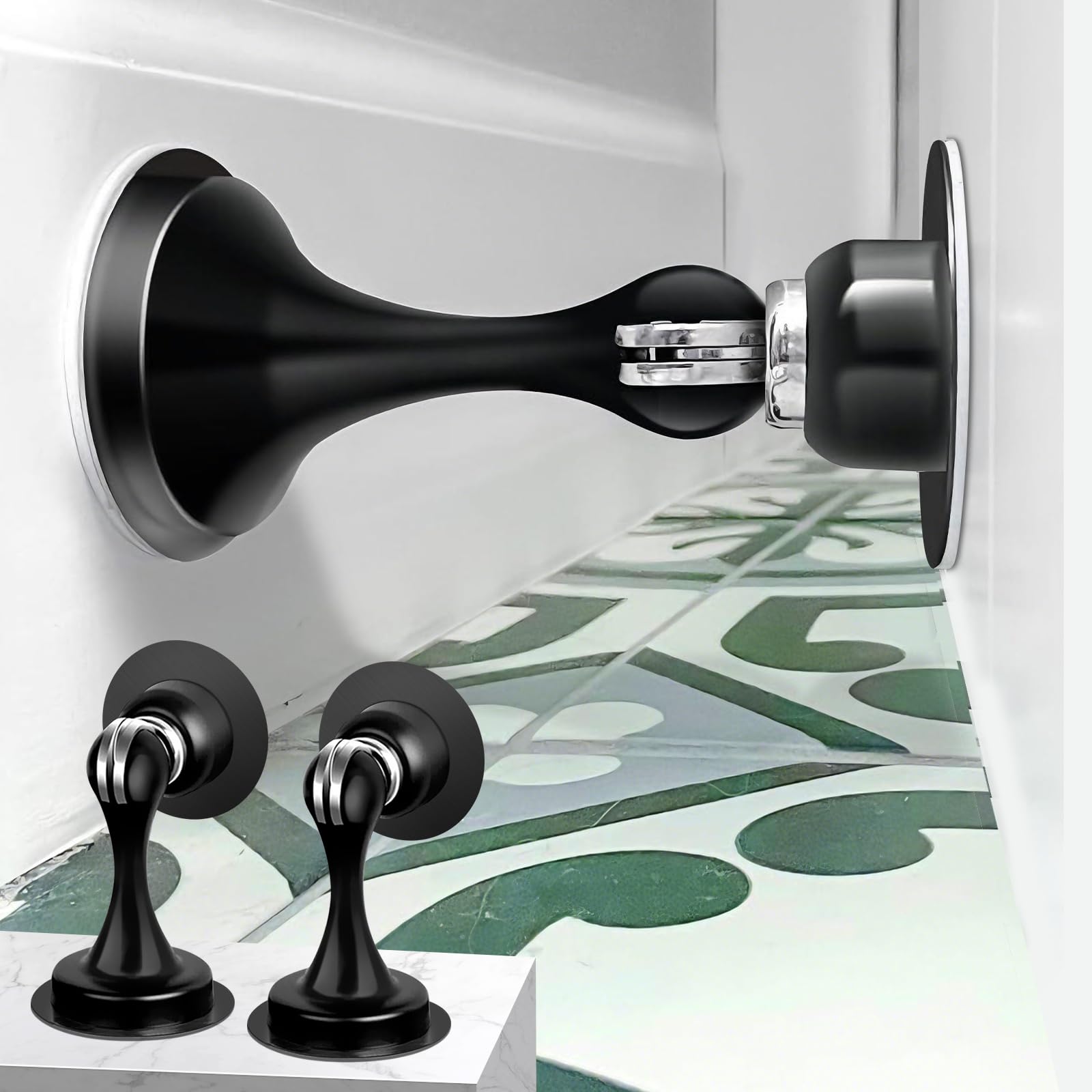 2 Pack Door Stops, Magnetic Door Stoppers Door Holder Self Adhesive Wall Mounted Door Stops Indoors Black Skirtings Door Stop