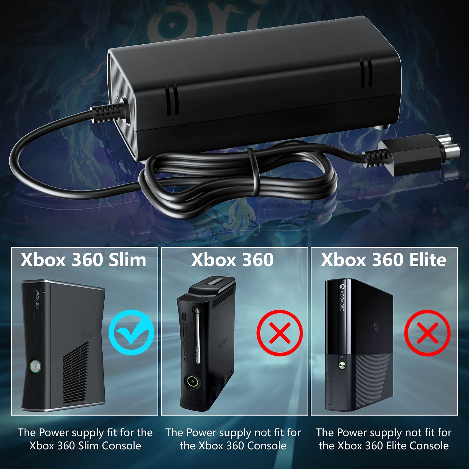 Power Supply for Xbox 360 Slim With Cord, [2022 Enhanced Quieter Version] AC Adapter Brick Replacement Charger for Xbox 360 Slim Console