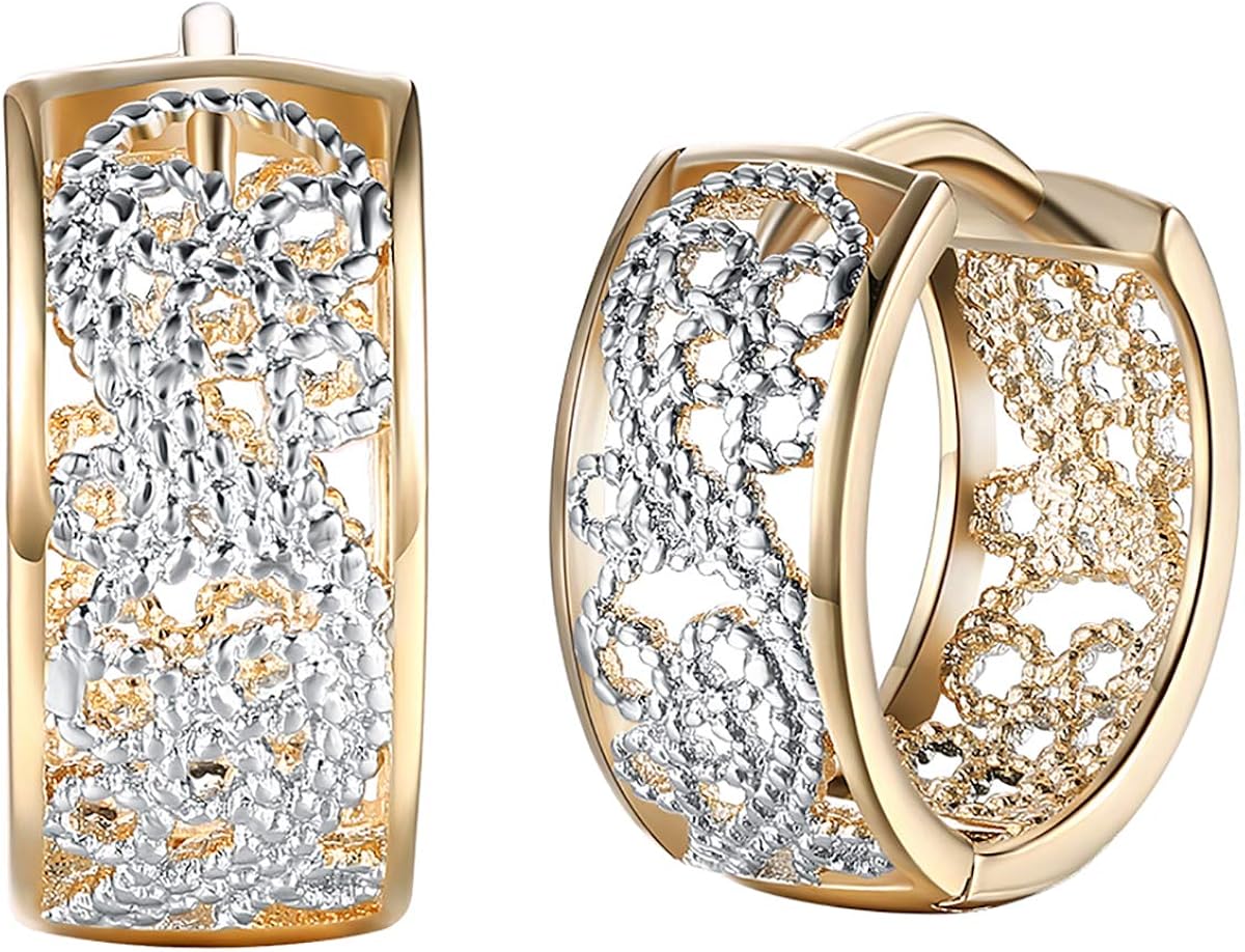14K Gold Silver Wide Filigree Hoop Earrings Hollow Carved Flower Texture Earrings For Womens Men