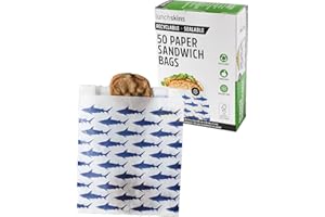 Lunchskins Recyclable & Sealable Paper Sandwich Bags – 50 Count | Shark Design | Eco-Friendly Grease-Resistant Glassine Snack Bags with Self-Adhesive Closure for Freshness