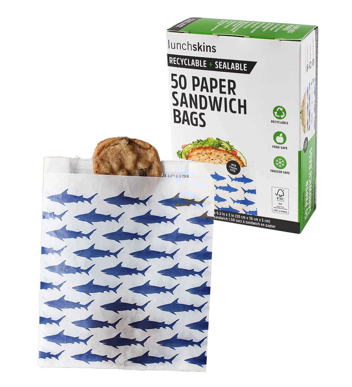 Photo 1 of Lunchskins Recyclable & Sealable Paper Sandwich Bags – 50 Count | Shark Design | Eco-Friendly Grease-Resistant Glassine Snack Bags with Self-Adhesive Closure for Freshness