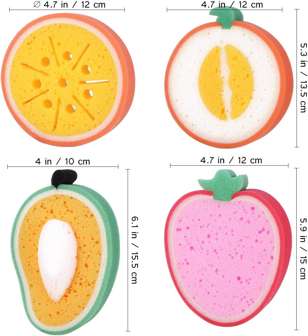 Healifty Fruit Shaped Bath Sponge Set for Kids 4Pcs Mango Honeydew Melon Strawberry Soft Exfoliating Shower Sponges for Gentle Skin Care and Fun Bath Time - Image 4