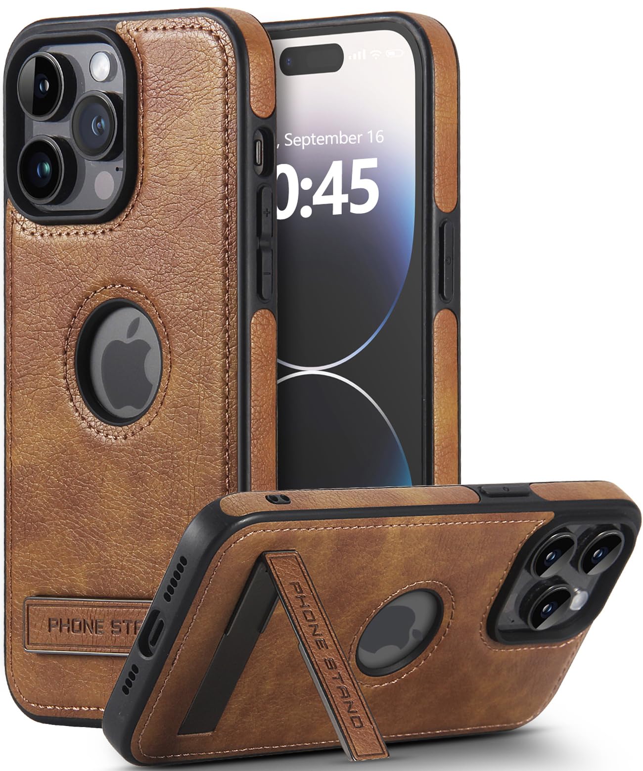 Leather Case for iPhone 15 Pro Max with Kickstand, Built-in Invisible Stand, Vegan Leather Slim Logo View Classic LuxuryThin Shockproof Protective Cover for iPhone 15 Pro Max (Brown)
