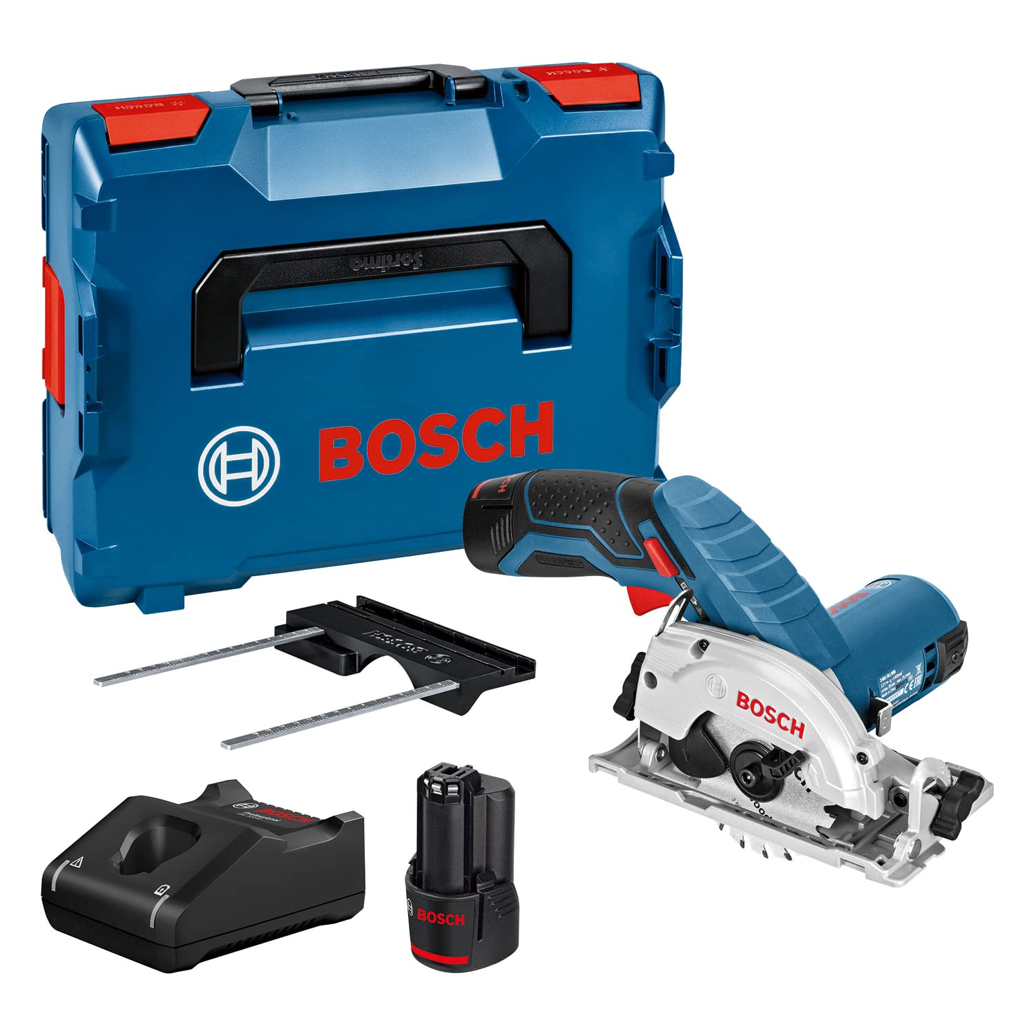 Bosch Professional 12V System Akku Kreissäge GKS 12V-26 (Sägeblatt-Ø: 85mm, inkl. 2x 3.0Ah Akku, Schnellladegerät GAL 12V-40, Einlage, L-BOXX)