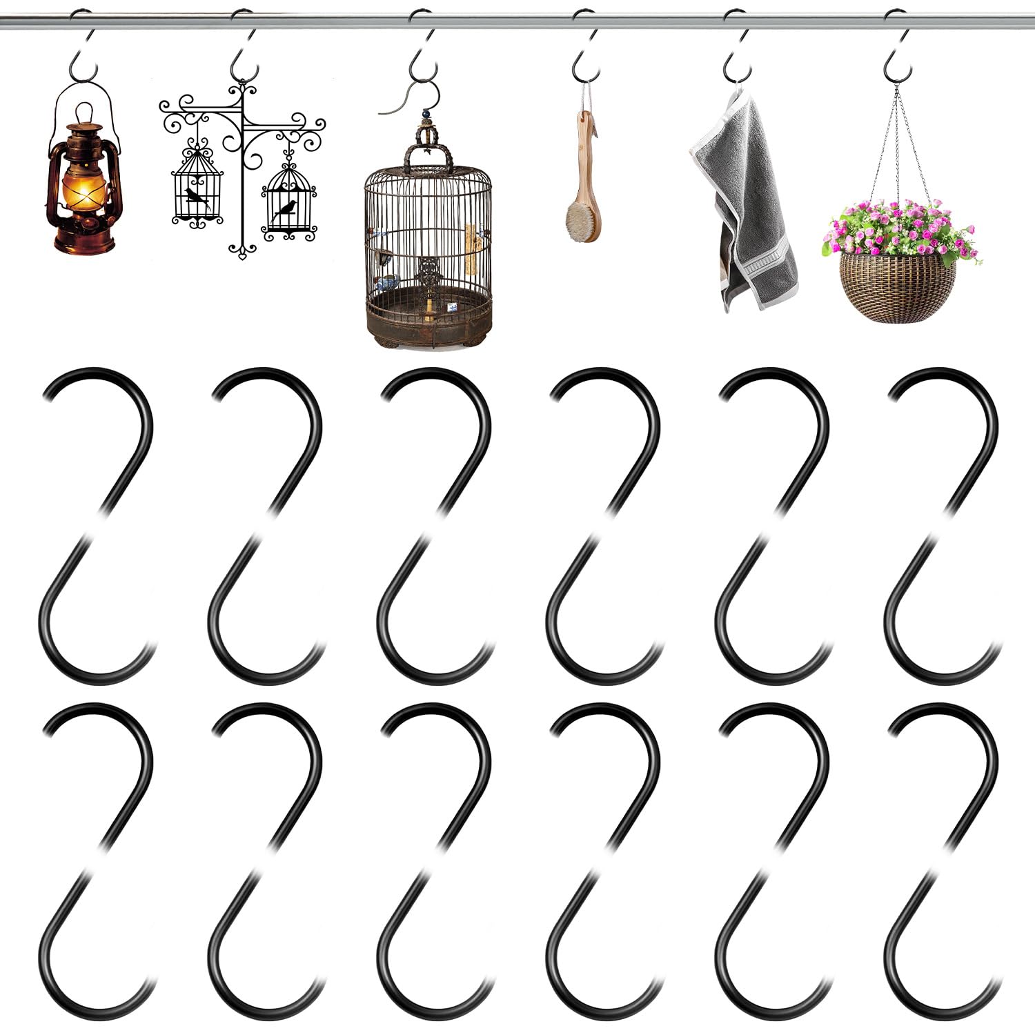 SYEYCW 12 Pcs S Shaped Metal Hooks, Black S Hook with Safety Buckle, 9.2cm Heavy Duty Large Hooks for Hanging, Kitchen Utensil Hook, for Hanging Plants, Lights, Kitchenware, Clothes, Towels