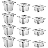 Ziliny 12 Pack Stainless Steel Hotel Pans with Lid 1/6 Size Steam Table Anti Clogging Steamer Restaurant Pans for Buffet Serving Commercial Catering Party, 2.5'' 4'' 6'' Deep, 6.9 x 6.5 Inch