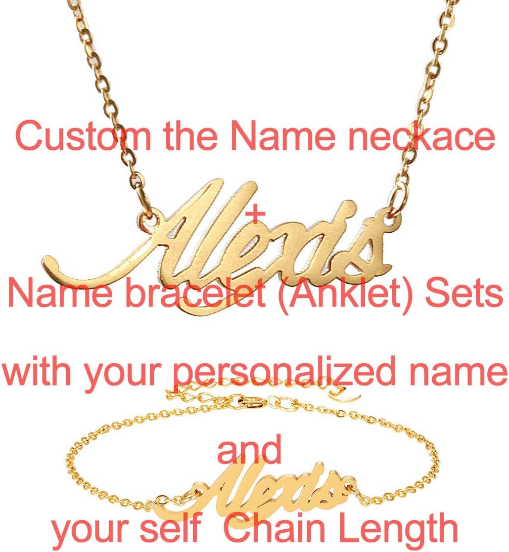 Personalized Custom Nameplate Necklace + Bracelet Anklet Jewelry Set of Stainless Steel
