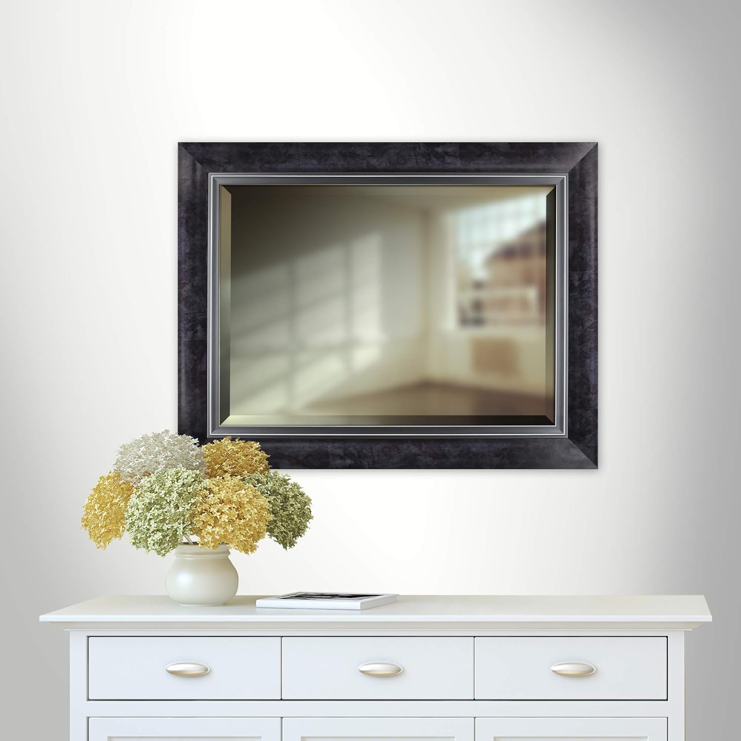 Mirrorize Black Marble Style Frame With Liner Beveled Mirror Vanity