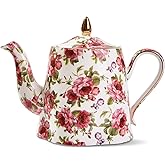 Floral Tea Pot, 30 OZ Ceramic Vintage Teapots, Porcelain Cute Tea Pot with Pink Roses and Gold Trim, Decorative Teapot for Te