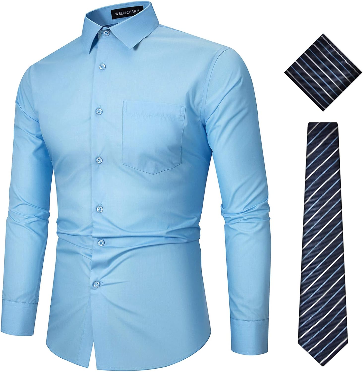 WEEN CHARM Mens Dress Shirts Regular Fit Button Down Tuxedo Shirts with Matching Tie and Handkerchief at  Men’s Clothing store