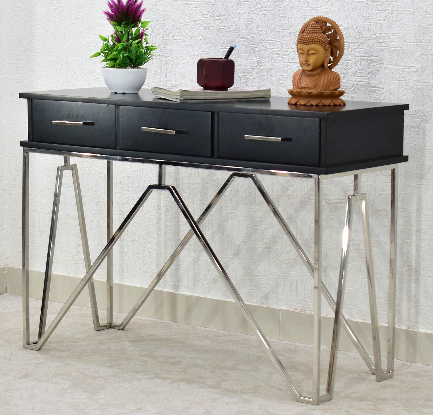 Samdecors Solid Mango Wood 3 Drawer Lamino Console Hall Table