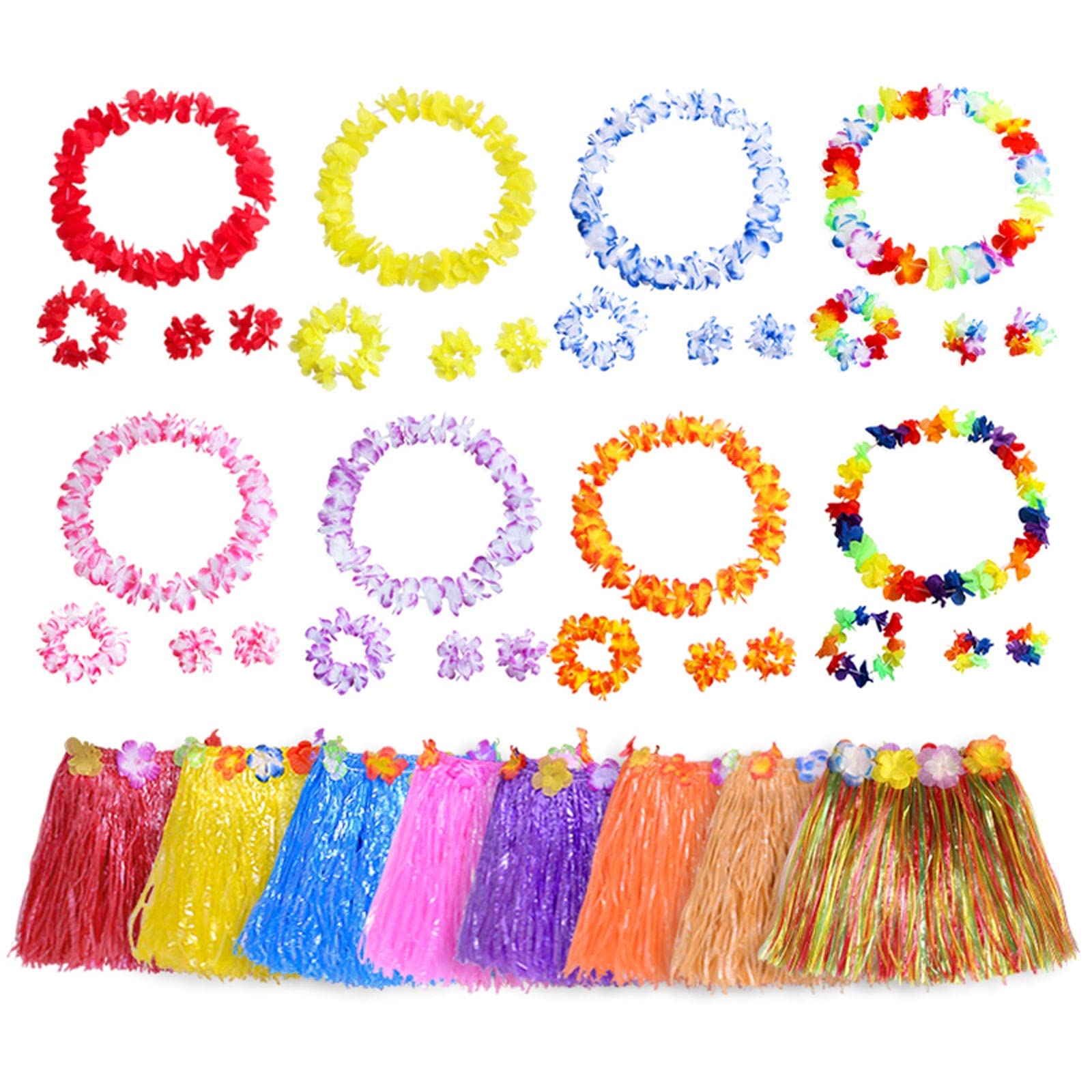 Pack of 40 Hawaiian Skirt, Hula Party Raffia Skirt Set with 8 Elastic Flower Skirt, Hawaiian Costume, 8 Flower Chains, 8 Headbands and 16 Bracelets, Hawaiian Party Costume Set for Summer Beach Party — image 1