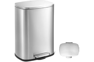 QUALIAZERO 50L / 13 Gallon Stainless Steel Step-On Kitchen Trash Can Soft-Close Lid, Fingerprint-Resistant, Removable Liner, Slim Rectangle Modern Design for Home, Office, Commercial