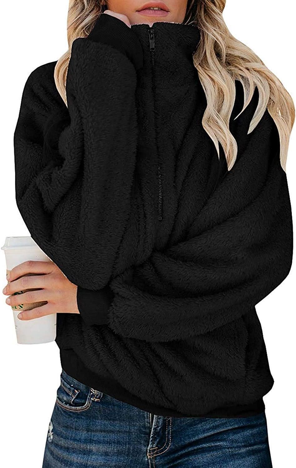 Womens Oversized Quarter Zip Sherpa Pullover with Pockets Fleece Sweatshirt Fuzzy Hoodie Outwear