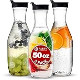 PARTY BARGAINS 50 oz Plastic Carafe with Black Flip-Tab Lid, Clear – 3 Pack Heavy-Duty Spill-Resistant Pitchers for Iced Tea, Juice, Cold Beverages, Powdered Drinks, Mimosa Bar