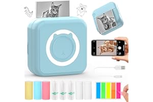 QYCHHJ Portable Pocket Printer for iPhone/Android/Tablet, Inkless Mini Thermal Printer with 8 Rolls Thermal Paper, Bluetooth Mini Sticker Printer for School Notes Scrapbook Supplies Memo Photo, Blue