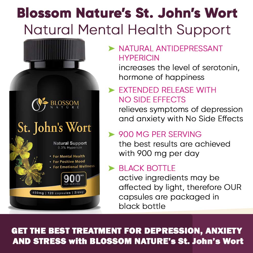 St.John\'s Wort 900mg Supplement-Natural Antidepressant for Mood Boost, Anxiety & Depression Support-Provides Extended Stress Relief-120 capsules, 450mg of St Johns Wort with 0.3% Hypericin per Capsule