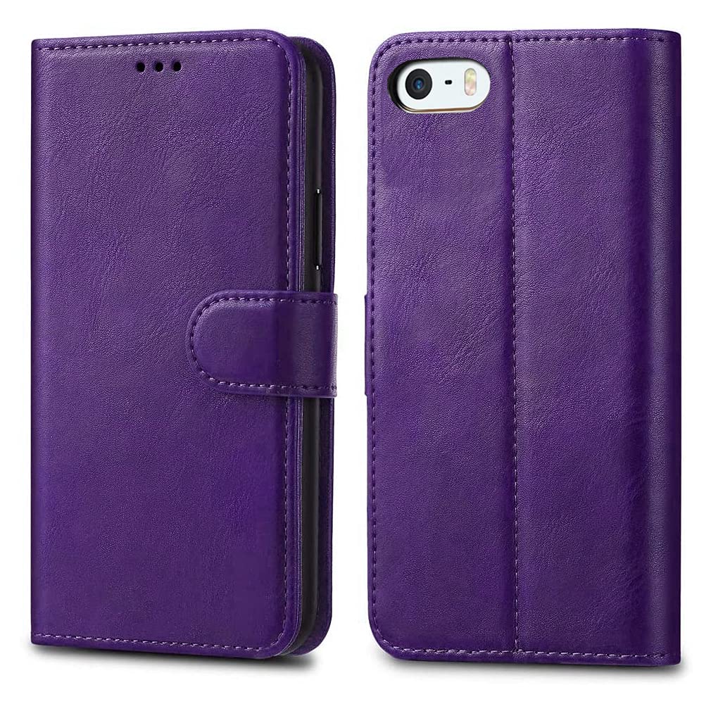 GAPlus iPhone SE 5 5S Case Premium Leather Flip Wallet Case Cover Pouch For iPhone SE 5 / 5S and Screen Protector With Polishing Cloth And Stylus (Purple) โ image 1