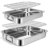 2 Pcs 12.7"15.5" Stainless Steel Roasting Pans with Handles, Baking Pan for Oven with 2 Pcs Flat Racks, Heavy Duty, Dishwashe