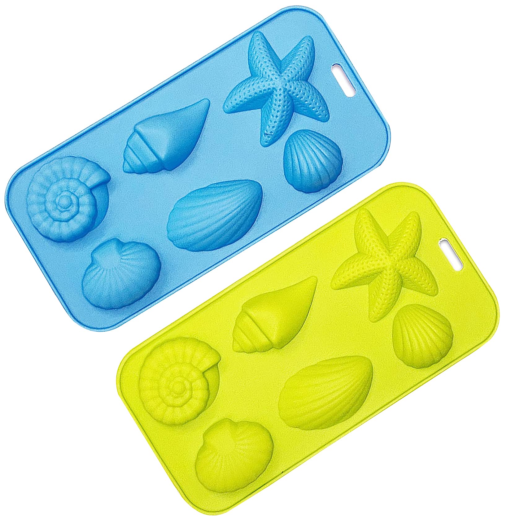 KIUATSJR Ice Cube Trays Silicone Mold for Ice, Jelly, Chocolate and Soap - 6 Starfish Conch Shell Shape Ice Mold, Set of 2 Blue&Green