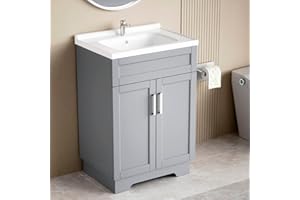 Smhxo Bathroom Vanity with Ceramic Sink, Bathroom Vanity Cabinet with 2 Doors, 24 Inches Wooden Cabinet with Sink, Grey