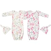 Giggle Angel Newborn Baby Sleeper Gown with Hat Knotted Gown Nightgown Coming Home Outfits for Baby Girl 2 Pieces Set