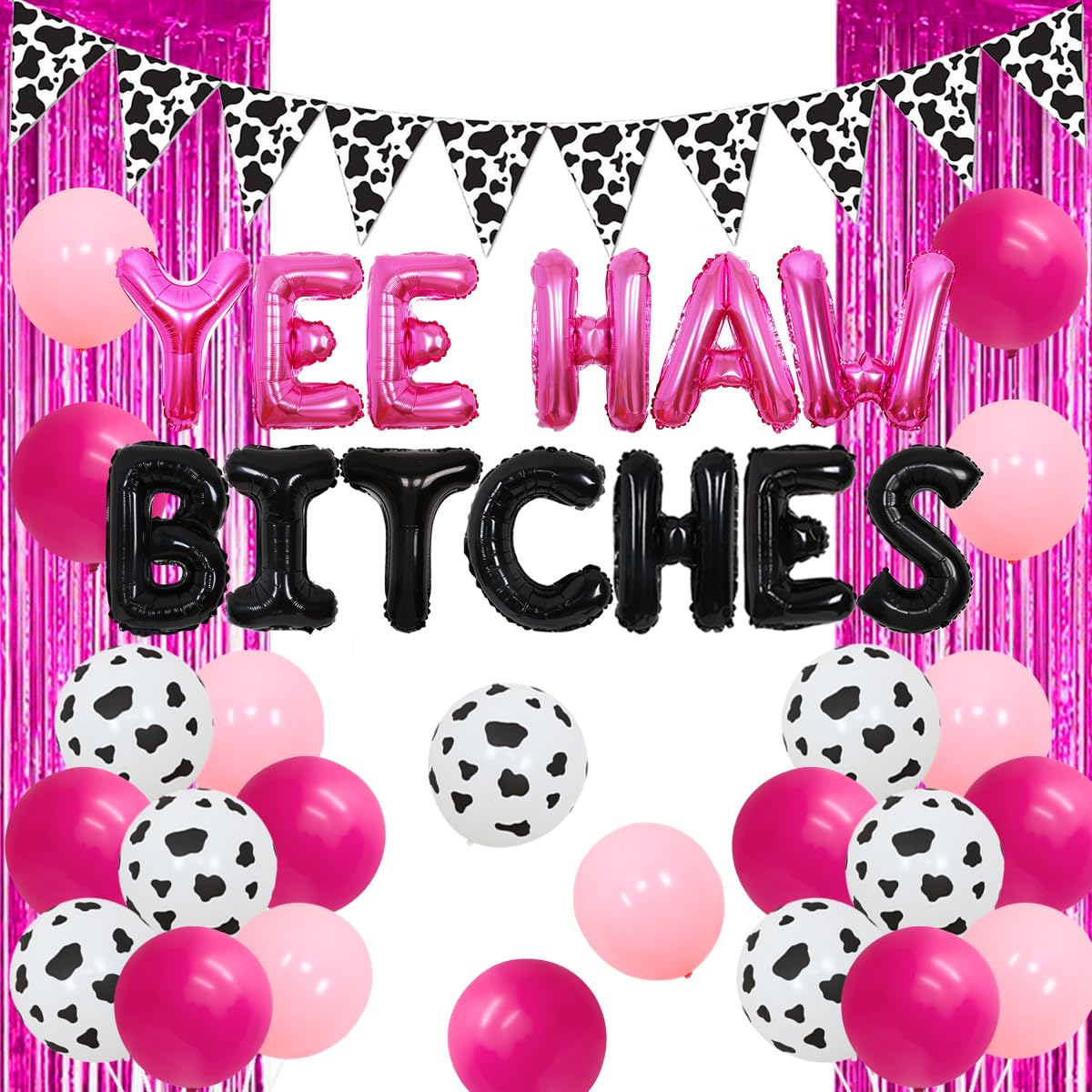 Sursurprise Western Hen Party Decorations, Hot Pink and Black Yeehaw Bitches Balloon Cow Print Pennant Banner, Cowgirl Nashville Bridal Shower Supplies