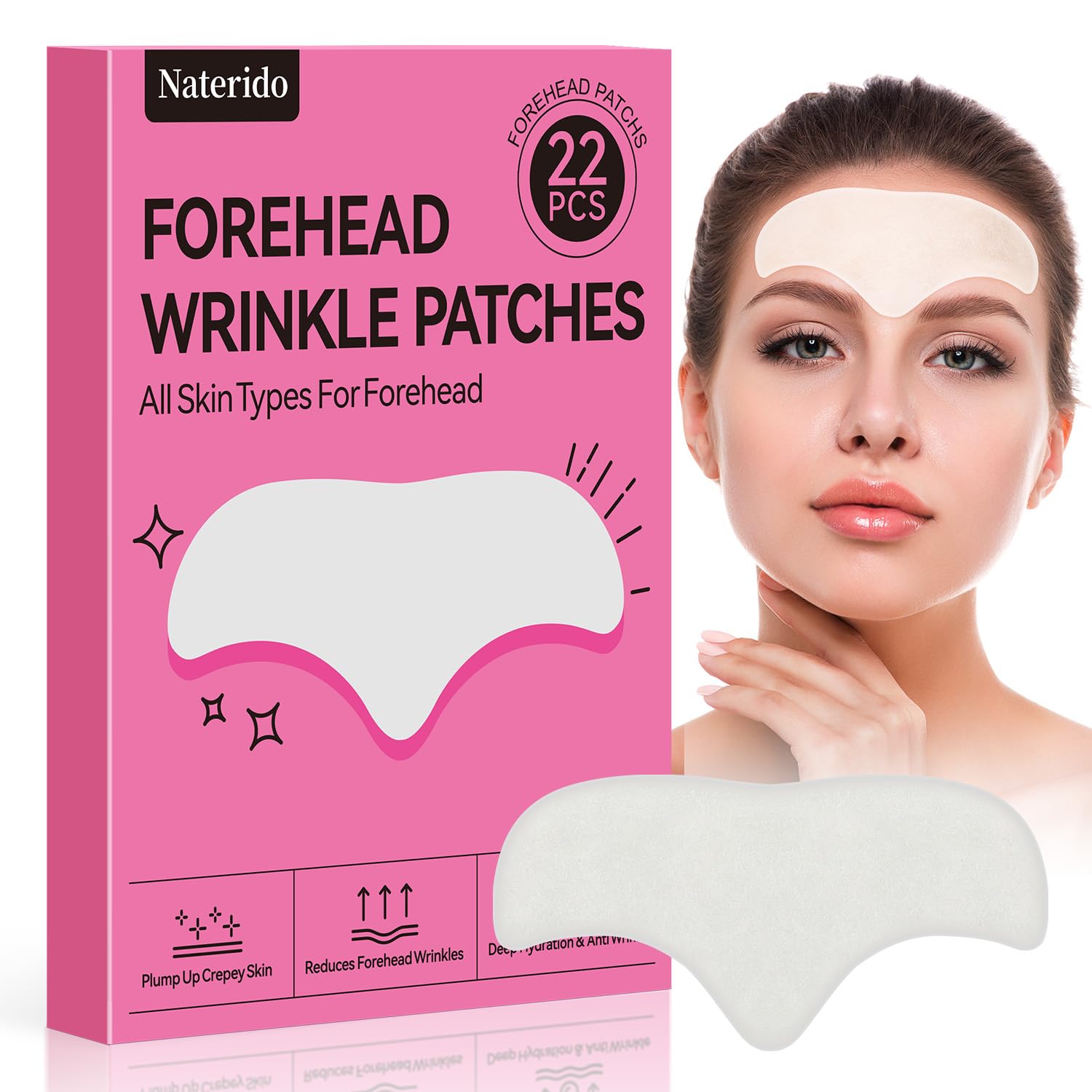 Naterido Forehead Wrinkle Patches, 22 Pcs, Anti-wrinkles, Anti-Slip Overnight Face Wrinkles Patch, Forehead Fine Lines for Women Facial Mask